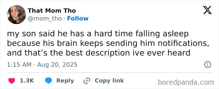 Parenting tweet about a son struggling to fall asleep due to his brain sending nonstop notifications in 2025.