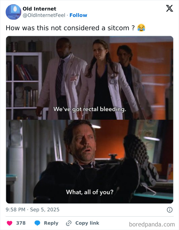 Scene from House meme with doctors discussing rectal bleeding and a man responding humorously in a popular movie memes post.