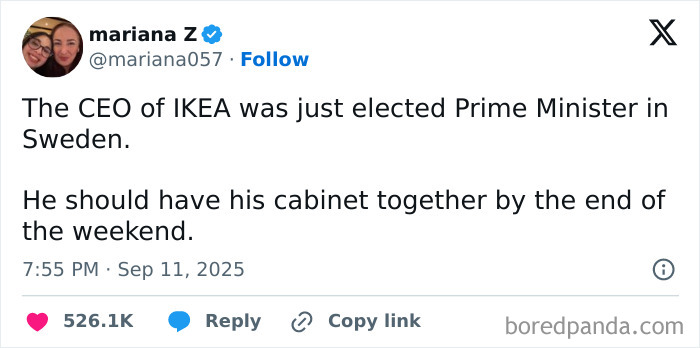 Tweet showing a dad joke about the IKEA CEO becoming Prime Minister, featured in funniest dad jokes collection.