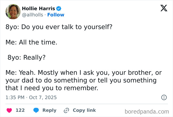 Parenting tweet showing a humorous conversation between a parent and 8-year-old about talking to oneself in 2025.