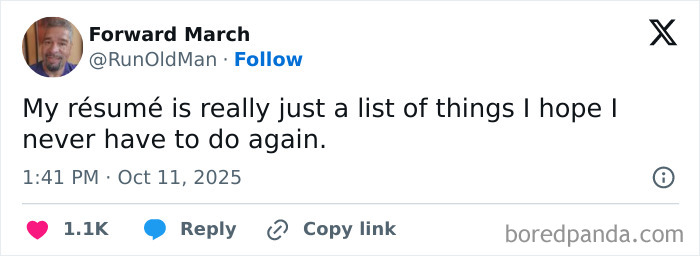 Tweet showing a funny meme about a résumé being a list of things one hopes never to do, part of hilarious memes.
