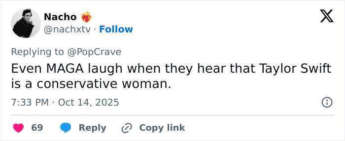 Screenshot of a social media post mentioning Taylor Swift amid fake conspiracy claims involving coded white-nationalist messages. Screenshot of a social media post mentioning Taylor Swift amid fake conspiracy claims involving coded white-nationalist messages.