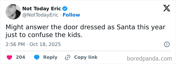 Parenting tweet from 2025 humorously about dressing as Santa to confuse kids, reflecting the year's best parenting moments.