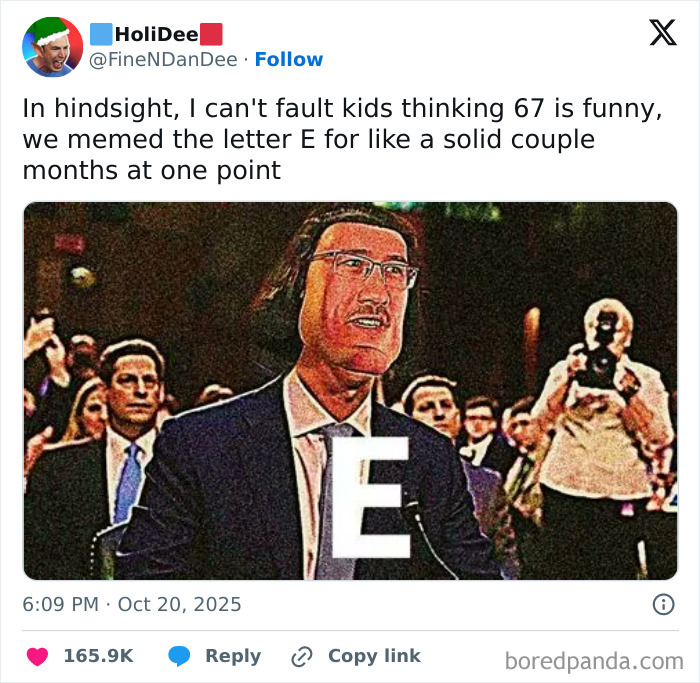 Tweet showing a chaotic internet meme with a distorted face and a large letter E, highlighting fun viral content online.