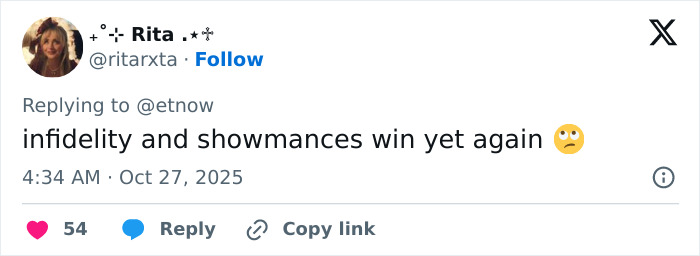 Tweet from user Rita complaining about infidelity and showmances, posted on October 27, 2025, with 54 likes.