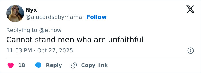 Tweet from user Nyx expressing anger at unfaithful men following Hugh Jackman’s red carpet appearance with Sutton Foster.