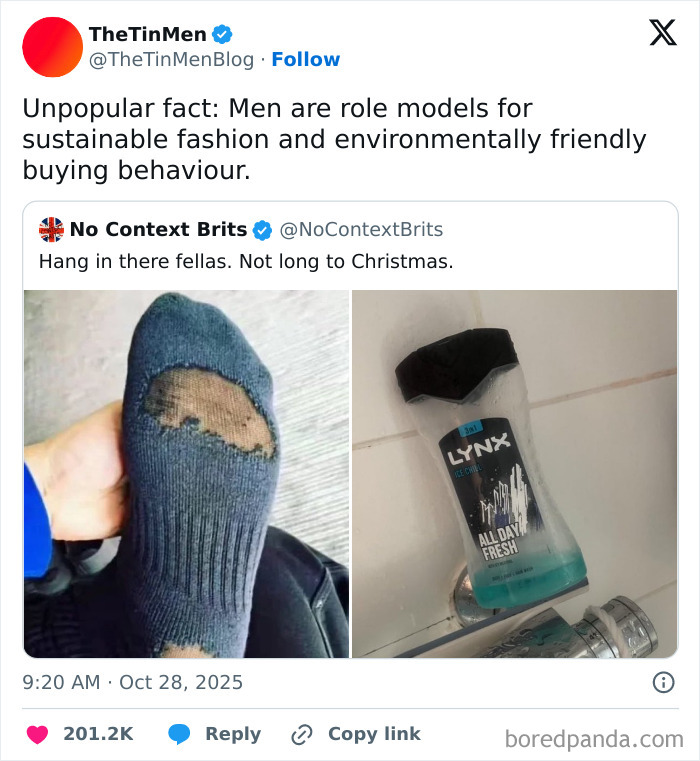 Sock with a large hole and empty Lynx body wash bottle illustrating hilarious memes that make you forget stress.