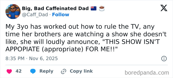 Parent shares humorous tweet about toddler loudly announcing preferences while parents navigate parenting challenges in 2025.