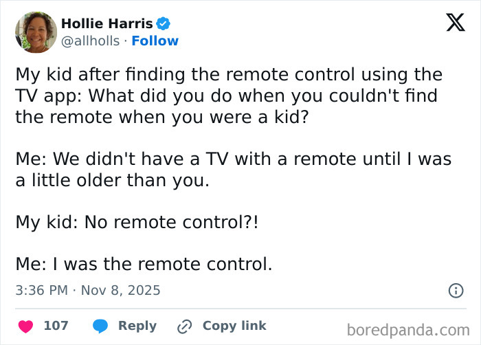 Tweet about parenting humor in 2025 where a child is surprised about no remote controls as a kid had to be the remote.
