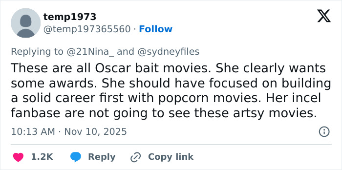 User comment on Twitter criticizing Sydney Sweeney's movie choices in a debate comparing her to Lindsay Lohan. User comment on Twitter criticizing Sydney Sweeney's movie choices in a debate comparing her to Lindsay Lohan.