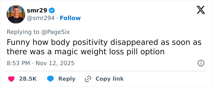 Tweet screenshot showing a user's comment on body positivity and weight loss, relevant to plastic surgeon perspective on wrinkle-free photos.