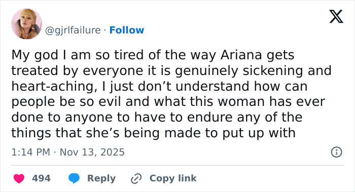Tweet expressing concern over Ariana Grande's struggles and the harsh treatment she endures from others. Tweet expressing concern over Ariana Grande's struggles and the harsh treatment she endures from others.