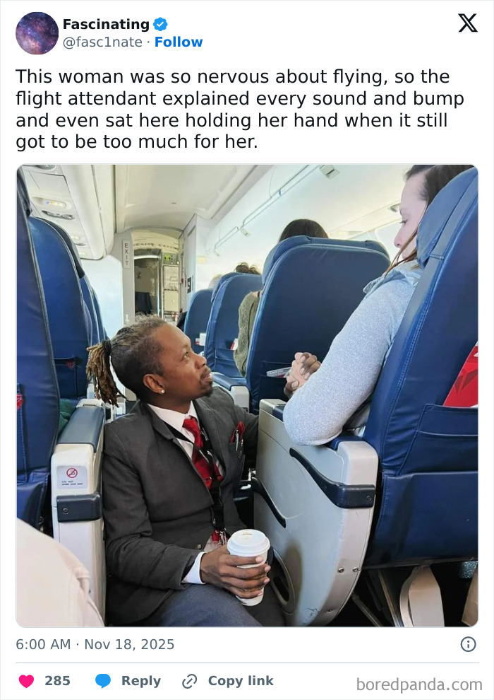 Flight attendant comforting nervous passenger by holding her hand on an airplane, showcasing cheerful memes about online time.