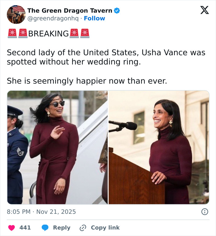 Usha Vance smiling and speaking at a podium in a burgundy dress amid public speculation about their marriage. Usha Vance smiling and speaking at a podium in a burgundy dress amid public speculation about their marriage.