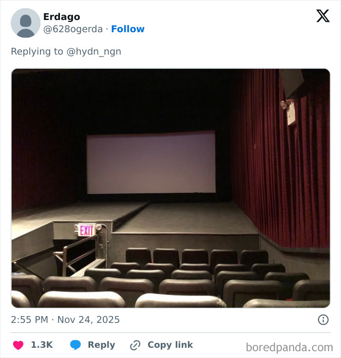 Small empty movie theater with an old screen and dim lighting, illustrating worst movie theaters shared by people.