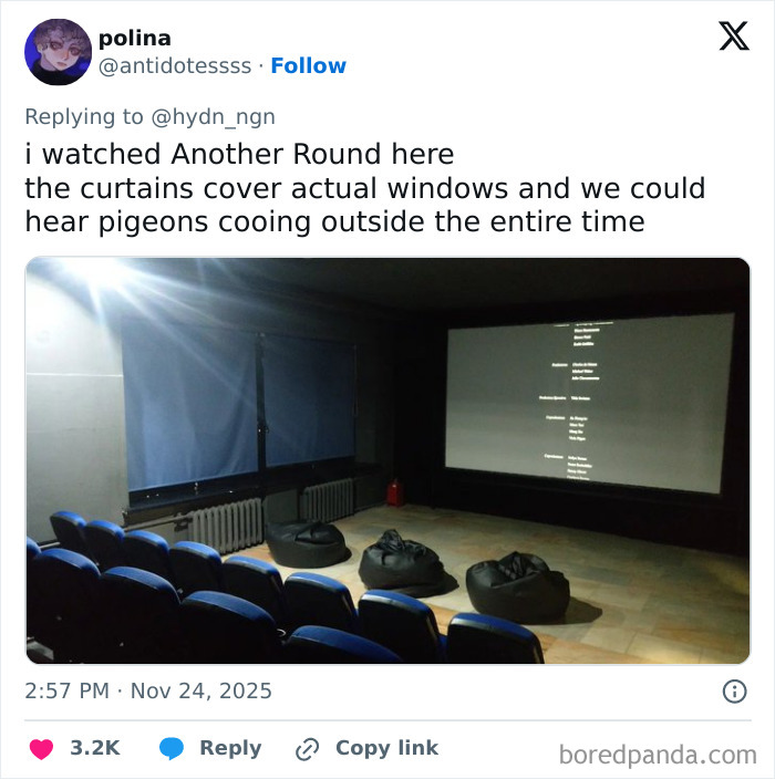 Small movie theater room with bean bags and chairs, curtains covering windows causing poor experience in worst movie theaters.