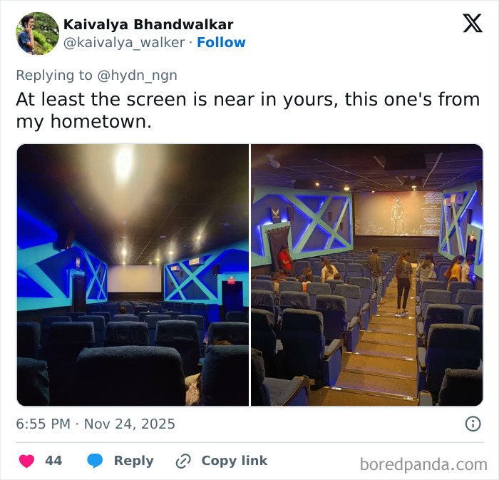 Interior views of a small movie theater with dated seating and LED-lit walls from worst movie theaters shared online.