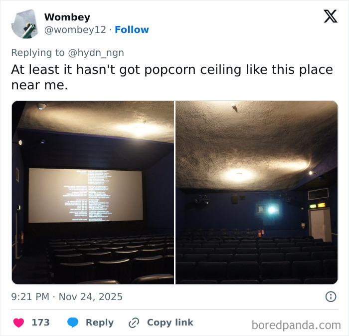 Dark, old movie theater interior with popcorn-stained ceiling and empty seats, highlighting the worst movie theaters experience.