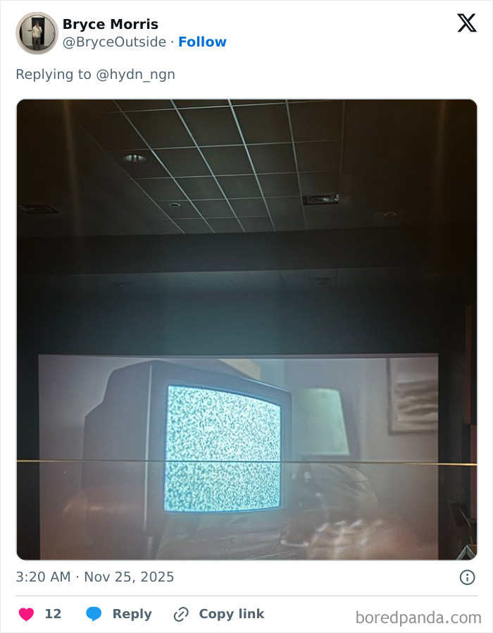 Old movie theater screen showing static on a small CRT TV, illustrating one of the worst movie theaters shared by 27 people.