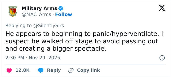 Tweet from Military Arms discussing a French soldier’s odd behavior and abrupt exit behind Macron sparking conspiracy theories.