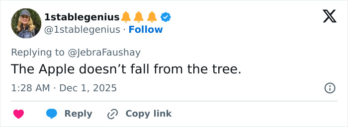 Tweet from user 1stablegenius replying to @JebraFaushay about Apple Martin's modeling campaign controversy.