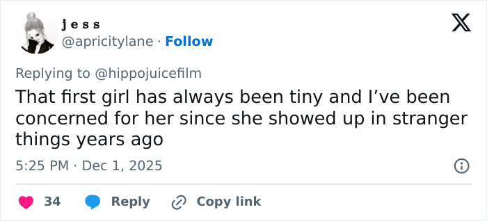 Tweet expressing concern for Stranger Things star Natalia Dyer’s appearance, with fans comparing her to Ariana Grande.