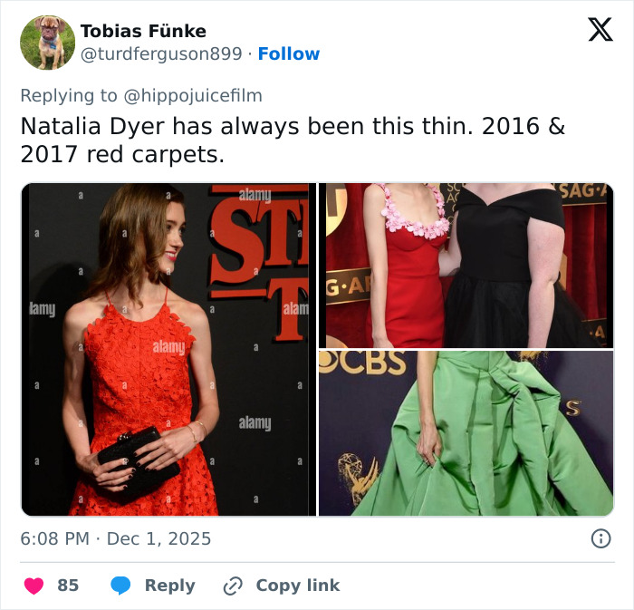 Stranger Things star Natalia Dyer appearing thin at red carpet events, sparking fan comparisons to Ariana Grande. Stranger Things star Natalia Dyer appearing thin at red carpet events, sparking fan comparisons to Ariana Grande.