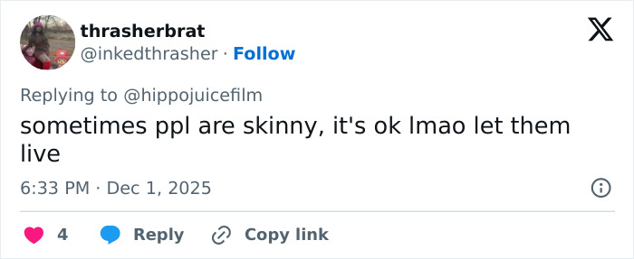 Tweet from user thrasherbrat discussing views on being skinny, related to fans worrying about Stranger Things star Natalia Dyer’s appearance.