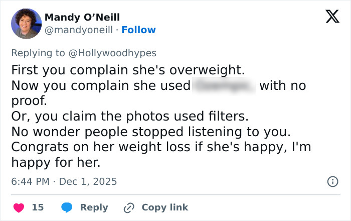 Tweet by Mandy O’Neill responding to complaints about Amy Schumer’s wrinkle-free photos, discussing filters and weight loss.