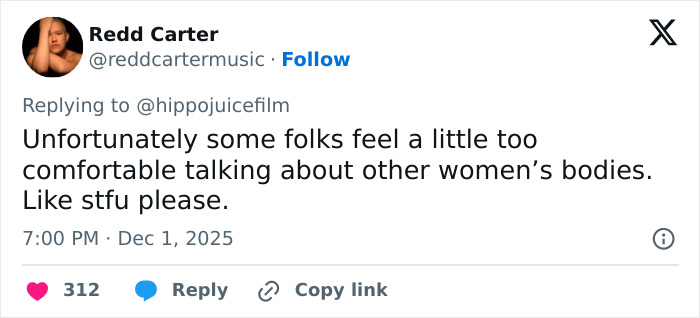 Tweet from user Redd Carter expressing frustration about comments on women's bodies, related to Stranger Things star Natalia Dyer appearance. Tweet from user Redd Carter expressing frustration about comments on women's bodies, related to Stranger Things star Natalia Dyer appearance.