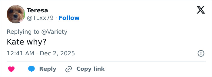 Twitter user Teresa replying to Variety with a comment about Kate Hudson's dress detail sparking fan frenzy.