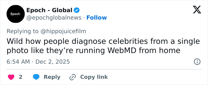 Tweet from Epoch Global discussing how people quickly diagnose celebrities after seeing a single photo online.