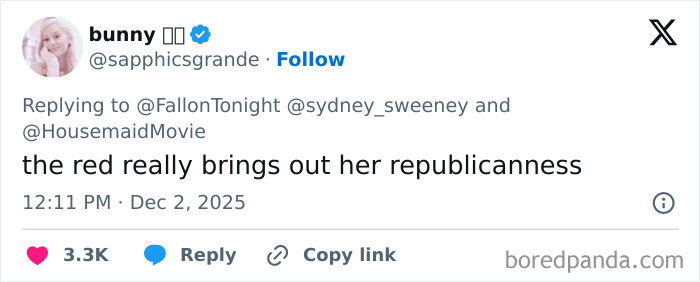 Tweet from user commenting on Sydney Sweeney’s MAGA makeover, sparking online political and stylistic debate. Tweet from user commenting on Sydney Sweeney’s MAGA makeover, sparking online political and stylistic debate.