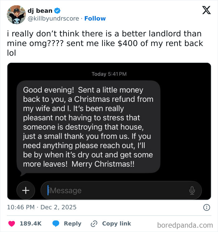 Text message showing a landlord sending a Christmas refund to a tenant, a sweet holiday moment.