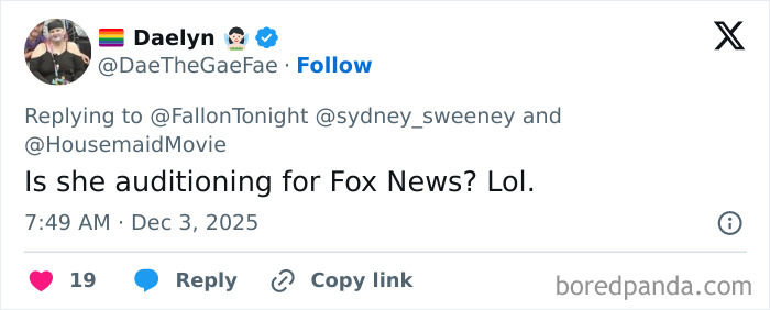 Screenshot of a tweet reacting to Sydney Sweeney’s MAGA makeover, sparking an online showdown with stylist replies. Screenshot of a tweet reacting to Sydney Sweeney’s MAGA makeover, sparking an online showdown with stylist replies.
