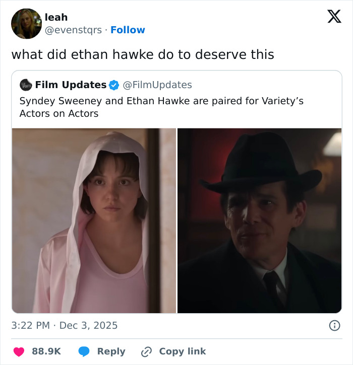 Sydney Sweeney and Ethan Hawke paired together in a scene sparking online discussion about their dynamic. Sydney Sweeney and Ethan Hawke paired together in a scene sparking online discussion about their dynamic.