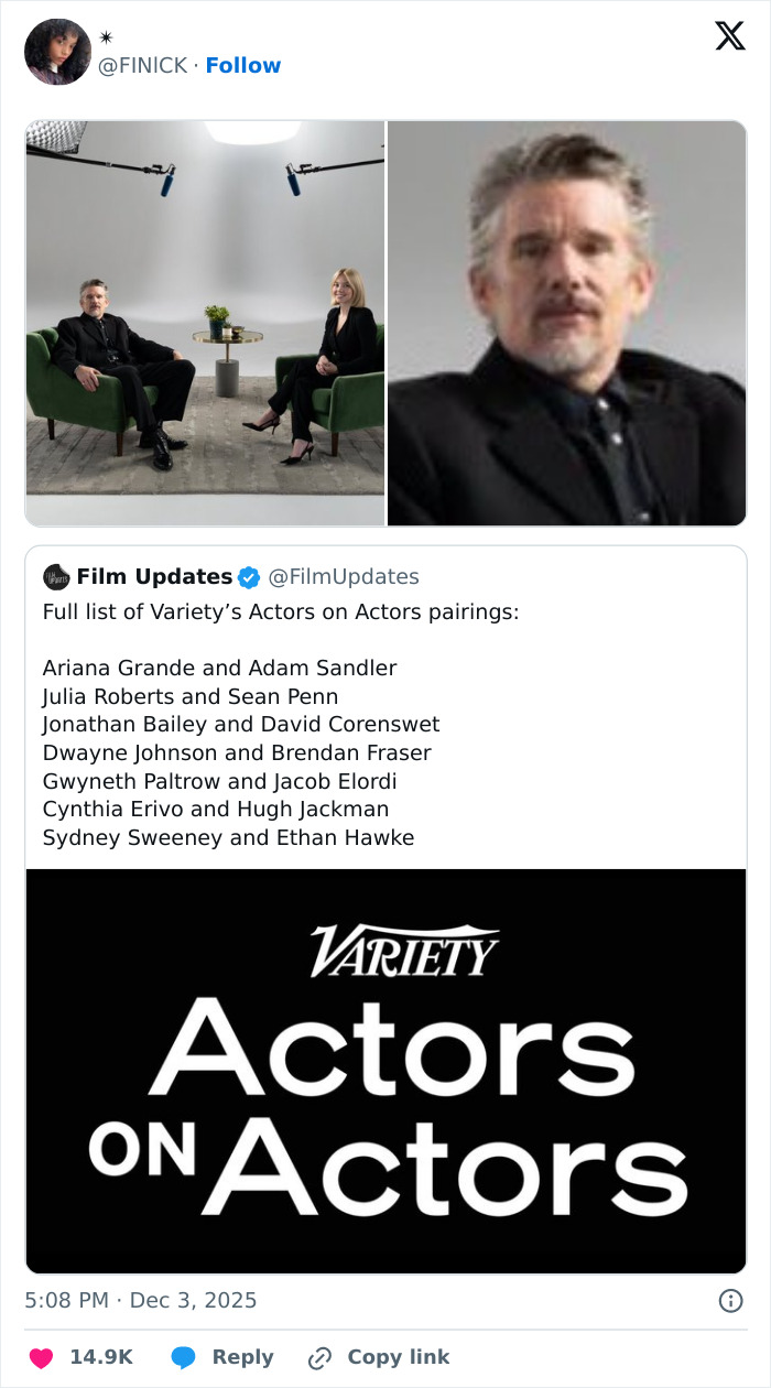 Ethan Hawke and Sydney Sweeney seated in a studio setting during Variety’s Actors on Actors interview series.