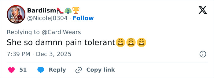 Social media user reacting to Cardi B’s new neck and back piercings with comments about pain tolerance.