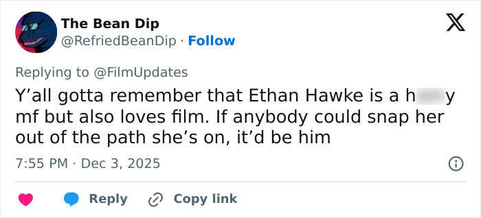 Tweet discussing Ethan Hawke’s film passion and his impactful pairing with Sydney Sweeney sparking online debate. Tweet discussing Ethan Hawke’s film passion and his impactful pairing with Sydney Sweeney sparking online debate.