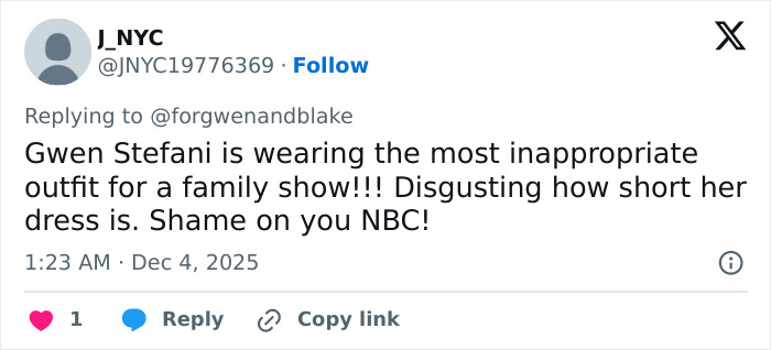 Social media post criticizing Gwen Stefani's inappropriate outfit at Rockefeller Tree Lighting event sparking public fury. Social media post criticizing Gwen Stefani's inappropriate outfit at Rockefeller Tree Lighting event sparking public fury.