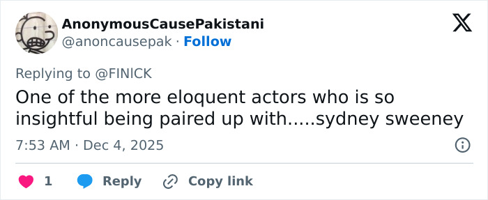 Tweet praising Ethan Hawke's pairing with Sydney Sweeney, sparking online discussion and firestorm. Tweet praising Ethan Hawke's pairing with Sydney Sweeney, sparking online discussion and firestorm.