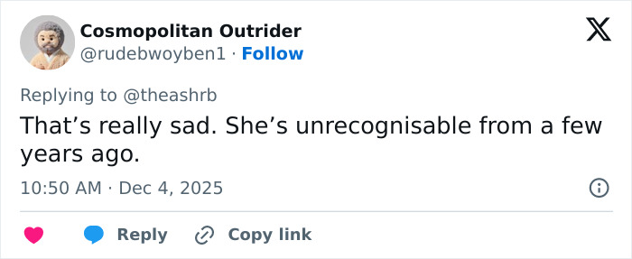 User comment on social media expressing sadness over Kelly Osbourne’s transformation discussed on Ozzy’s 77th birthday.