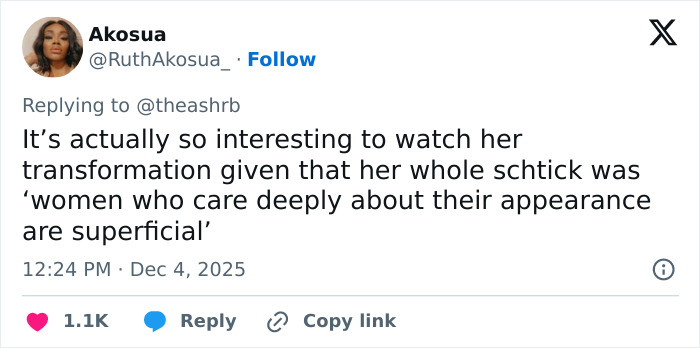 Tweet by Akosua discussing fans' reactions to Kelly Osbourne's transformation and her comments about appearance.