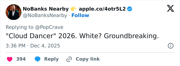 Screenshot of a tweet discussing Pantone’s controversial Color of the Year 2026 named Cloud Dancer. Screenshot of a tweet discussing Pantone’s controversial Color of the Year 2026 named Cloud Dancer.