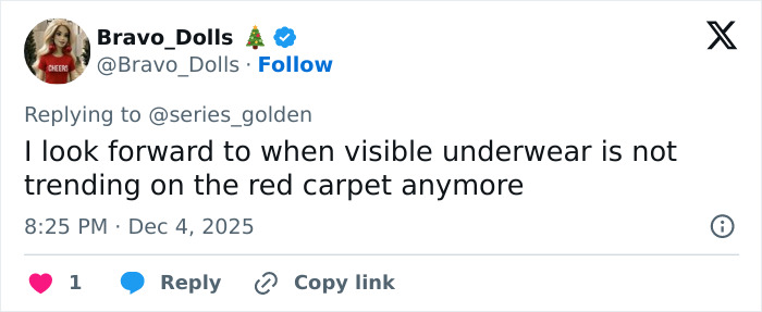 Screenshot of a tweet commenting on the see-through dress trend and visible underwear on the red carpet. Screenshot of a tweet commenting on the see-through dress trend and visible underwear on the red carpet.
