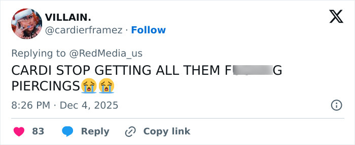 Social media user reacting with emojis and text criticizing Cardi B’s new neck and back piercings.