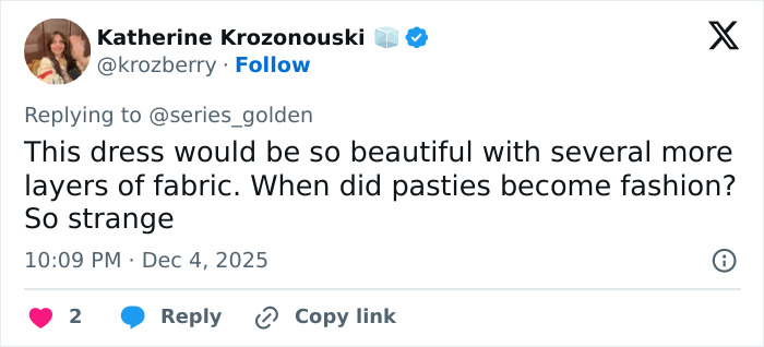 Tweet questioning the see-through dress trend and the use of pasties, sparking fan reactions and fashion debate. Tweet questioning the see-through dress trend and the use of pasties, sparking fan reactions and fashion debate.