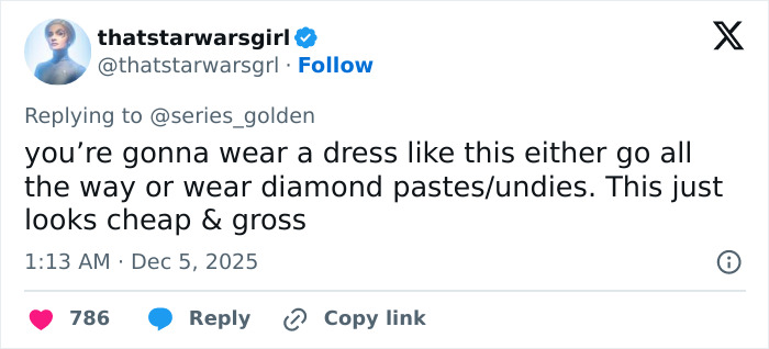 Screenshot of a Twitter reply criticizing Rachel Zegler's see-through dress, highlighting an unusual and humorous detail. Screenshot of a Twitter reply criticizing Rachel Zegler's see-through dress, highlighting an unusual and humorous detail.