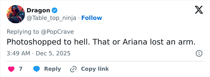 Screenshot of a Twitter reply commenting on a bizarre detail in a photo shared by Rebel Wilson featuring Ariana Grande. Screenshot of a Twitter reply commenting on a bizarre detail in a photo shared by Rebel Wilson featuring Ariana Grande.