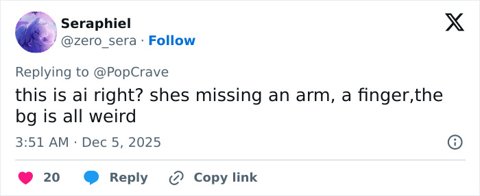 Screenshot of a social media reply pointing out a bizarre detail in a photo shared by Rebel Wilson with Ariana Grande. Screenshot of a social media reply pointing out a bizarre detail in a photo shared by Rebel Wilson with Ariana Grande.